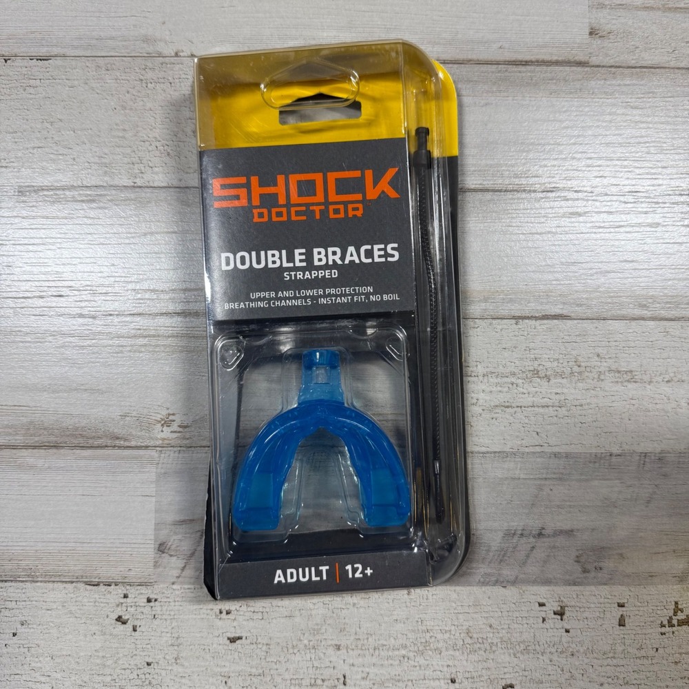 Shock Doctor Double Braces Strapped Mouthguard Adult 12+ Blue Instant Fit Hockey